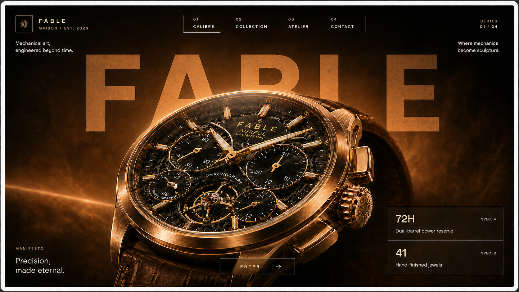 Premium Watch — A luxury watch page in the same technique, the movement disassembling as you scroll.